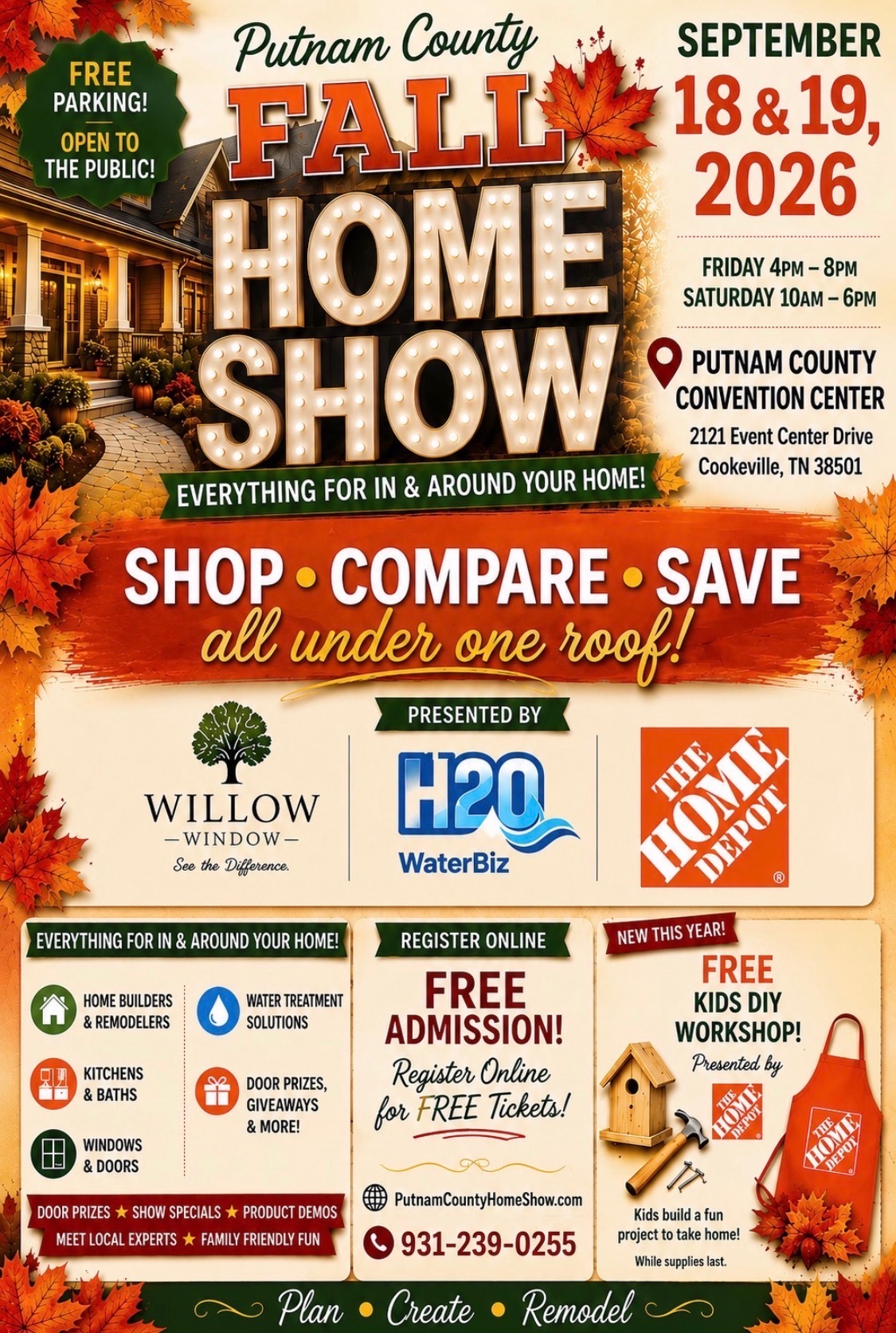Complete Putnam County Fall Home Show flyer with dates, hours, sponsors, admission details, and the Free Kids DIY Workshop